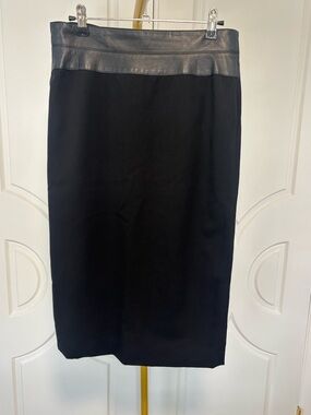 Lafayette 148 Black Pencil Skirt Leather Waistband Size 8 Career Classic